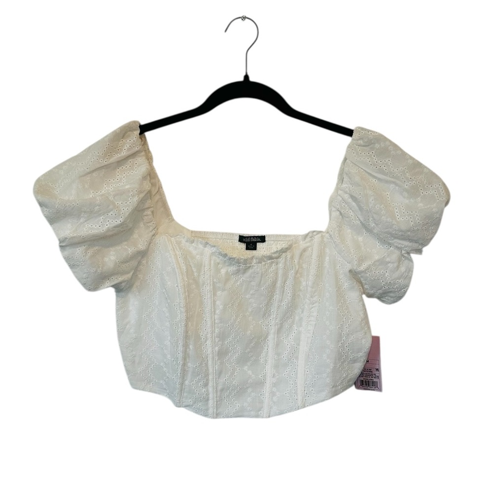 White Eyelet Corset Crop Top Puff Sleeve Cottagecore Boho Feminine Coastal